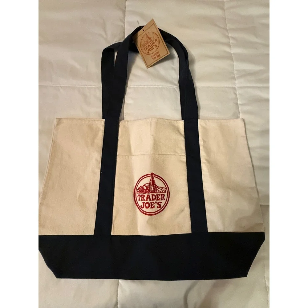 Trader Joe's Reusable Canvas Tote Bag Navy Blue Cream Embroidered Logo NWT
